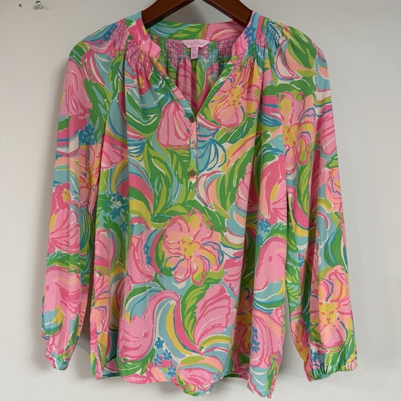 Lilly Pulitzer Silk Blouse S Floral Safari Pink Green Print Peasant Top FLAW - Picture 3 of 12